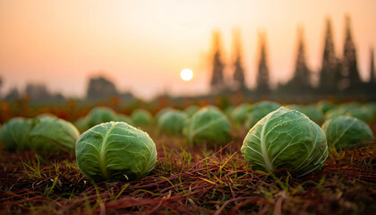 Cabbage growing under sunlight in a green field with fresh and healthy leaves