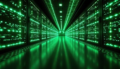 Futuristic server room glows with green lights. Rows of illuminated server racks create digital tunnel effect. Abstract background advanced technology, data, network systems, speed, innovation in