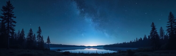 Fototapeta premium Starry night sky above serene forest, tranquil lake. Countless twinkling stars form Milky Way galaxy. Pine trees silhouette against vast cosmos. Reflecting water creates peaceful, awe-inspiring