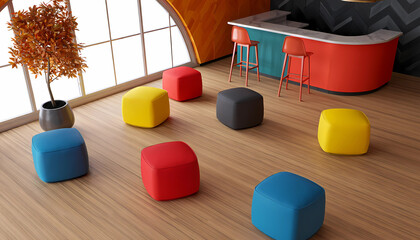 Colorful wooden swing set designed for indoor play area or modern living space