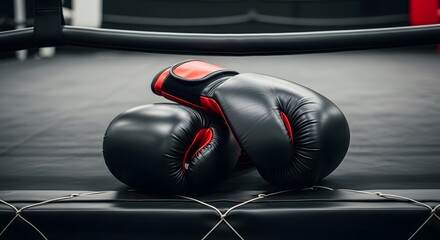 A powerful woman boxer's red training gloves are hanging on a black vehicle's interior wall