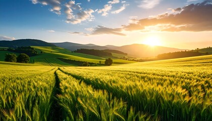 Golden wheat field at sunset, rolling hills and a vibrant horizon under blue sky