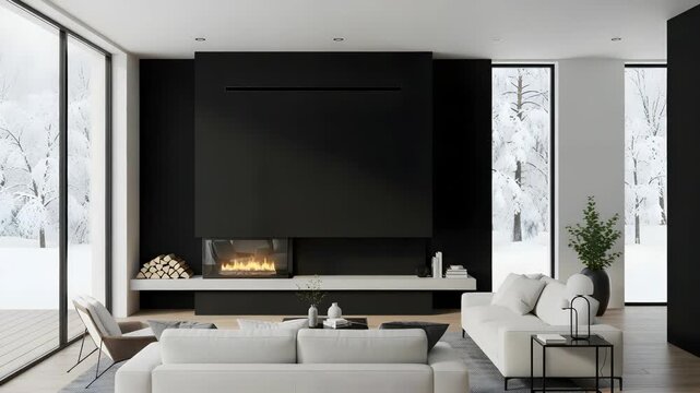 Modern Living Room with White Sofas Black Wall and Snowy Landscape View