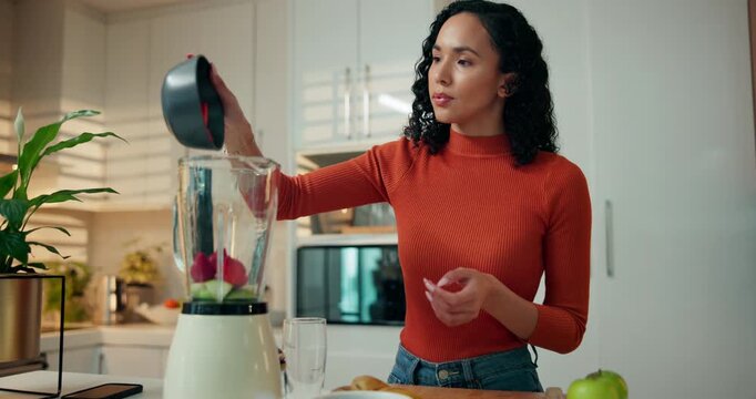 Woman, fruit and kitchen with blender for diet, nutrition or natural organic drink in home. Female person, nutritionist or weight loss with milkshake or smoothie for vitamins, fiber or wellness