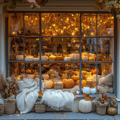 Pumpkins and decorations on a window sill.