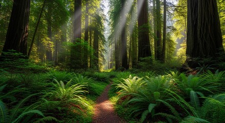 Enchanting Forest Path Sunlight Through Redwood Trees