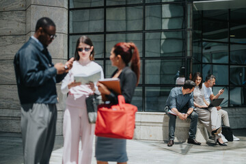 Obraz premium A group of business professionals engaging with technology and documents in an outdoor setting. The scene showcases collaboration, teamwork, and networking in a modern business environment.