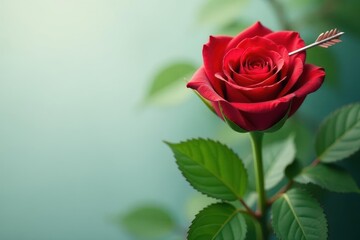 Fototapeta premium Rose with long red petals and a green stem surrounded by lush greenery with a delicate silver heart shaped arrow protruding from its center red flower Valentine s day decoration love symbol