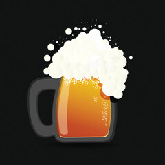 Vector illustration of a frothy beer mug on a dark background. Realistic golden beer with bubbles and foam, perfect for bar menus, Oktoberfest designs, and brewery promotions.