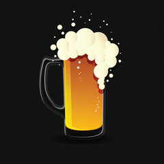Vector illustration of a frothy beer mug on a dark background. Realistic golden beer with bubbles and foam, perfect for bar menus, Oktoberfest designs, and brewery promotions.