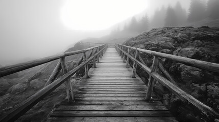narrow bridge vanishing into layered mist