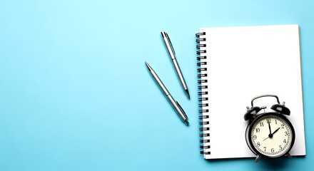 Two silver pens and black alarm clock on blank white spiral notebook against blue background writing
