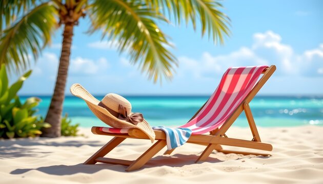 sunhat and novel on a beach chair in a low poly style, bright and cheerful, clean background, whimsical atmosphere, tropical vibes, high resolution, octane render.