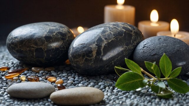 Spa relaxation scene with smooth stones and glowing candles arranged in a peaceful setting to evoke calm, balance, and serenity for wellness and self-care rituals