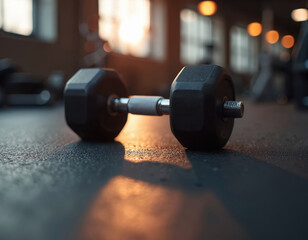Single dumbbell on rubber floor mat. Gym lights create subtle reflections. Focus on fitness, health, strength training, building muscle. Great for workout motivation, active lifestyle promotion.