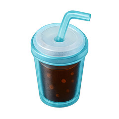 3D isometric soda cup icon with bent straw in translucent blue plastic casing