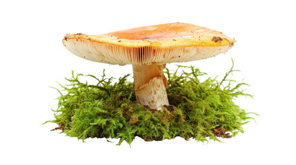 A vibrant orange mushroom stands tall amid soft green moss, showcasing nature's beauty during daylight hours