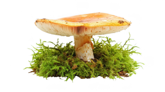 A vibrant orange mushroom stands tall amid soft green moss, showcasing nature's beauty during daylight hours