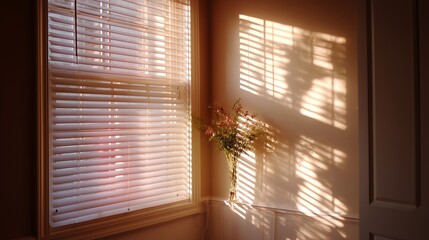 Fototapeta premium Sunlight streams through blinds creating patterns on the wall with a bouquet of dried flowers in the corner