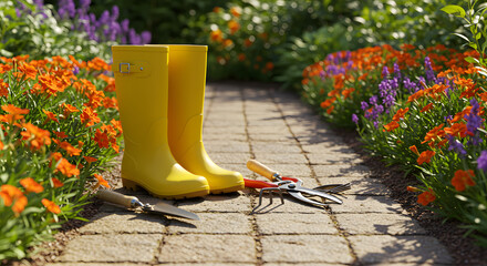 Gardening Boots and Tools on Path with Flowers