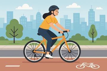 Fototapeta premium Woman cycling on an orange bike in a city park, flat graphic style, urban background, concept of eco transport and healthy lifestyle