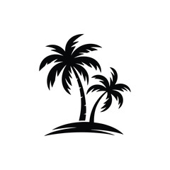 Two black silhouette palm trees on a small island
