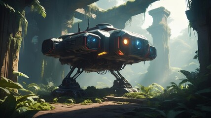 Futuristic exploration drone landed in a mysterious, ancient jungle cavern. A concept of advanced technology meeting a prehistoric world.