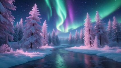 Dreamlike Snow Forest with Glowing Sky
