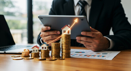 Real Estate Investor Analyzing Property Value Growth. Real estate investor analyzing property value growth with stacked coins, houses, and upward arrows, representing rising mortgage rates, housing.