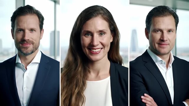 Three Smiling Business Professionals In Dark Suits With City Skyline Background