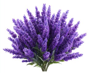 Fototapeta premium A lush bouquet of vibrant purple lavender flowers, densely packed, creating a full and fragrant appearance against a stark white background