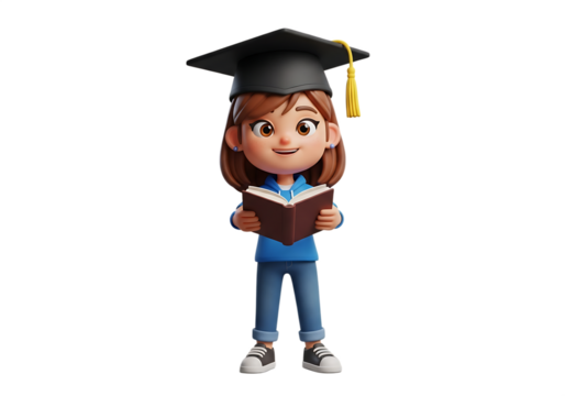 3d cartoon graduate holding book celebrating education and academic achievement Isolated on transparent background - Powered by Adobe