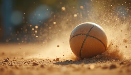 Close-up shot of shot put ball landing on sandy track during athletic competition. Dust, sand fly from impact showing motion, power, intensity of game. Focus on athleticism, moment of victory defeat.