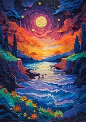 Paper cut landscape with colorful clouds and moon night. Abstract 3d vector scenery. Nature art for background and banner.