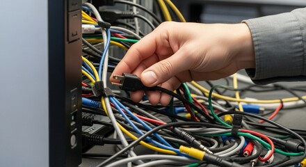 Hand plugging in a power cord amidst a tangle of colorful electronic cables