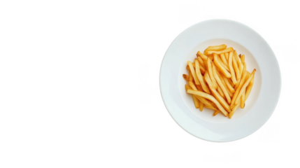 A serving of freshly cooked golden brown fries on a plain white plate in a bright, casual dining environment