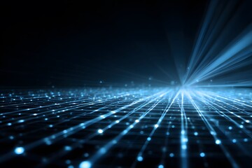 Abstract blue digital grid background with light rays, futuristic technology and science concept. Abstract dark blue background