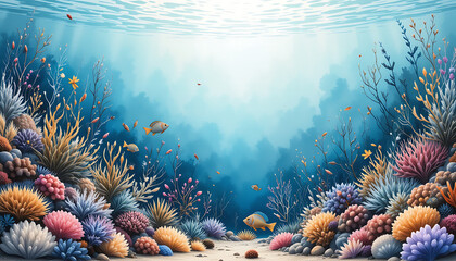 Watercolor seabed landscape with delicate seaweeds, plants, coral reef, sea sponges and small fishes. Panoramic hand drawn marine border for your design wallpaper, background, cards or mural