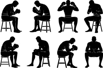 A bundle of 8 unique pure black silhouette vector illustrations of a boxing coach giving instructions