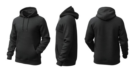 Black Hoodie Mockup: Front, Side, and Back Views