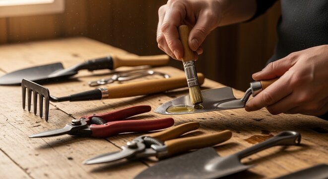 Hands applying oil to gardening trowel with tools on wooden table