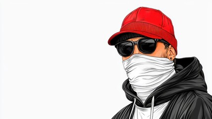 Pixel Art Portrait Person Wearing Red Hat and Face Covering