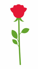 Simple illustration of a red rose with green stem and leaves isolated on a white background