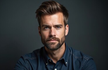 Obraz premium Close-up headshot of a man with short brown hair, neatly trimmed beard, and serious expression. He wears a dark blue buttondown shirt against a dark gray studio background.