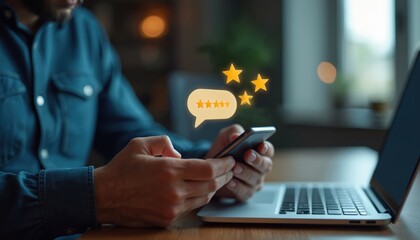 Man uses smartphone to rate online services. Client provides feedback with stars on website or app interface. Digital interaction for customer satisfaction, evaluating service quality.