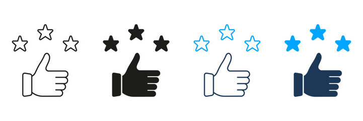 Thumbs Up With Stars Line And Solid Icon Set. Customer Satisfaction, Positive Feedback, And Quality Rating Symbol Collection. User Experience And Approval. Isolated Vector Illustration