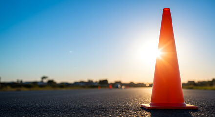 Orange Traffic Cone on Asphalt Road at Sunset