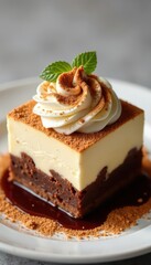 Dark espresso crema swirls atop rich tiramisu dessert , food photography, coffee art