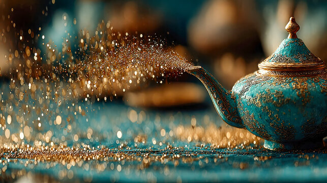 Ornate teapot spilling glowing particles in a magical, sparkling cascade of golden dust
