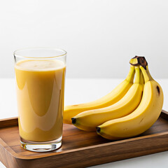The bananas are placed in a wooden tray and the glass is filled with banana juice.